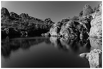Early morning reflections, Bear Gulch Reservoir. Pinnacles National Park, California, USA. (black and white)