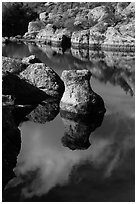 Rocks and reflections, Bear Gulch Reservoir. Pinnacles National Park, California, USA. (black and white)