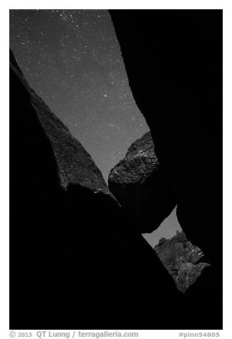 Sky with stars above Balconies Cave. Pinnacles National Park (black and white)
