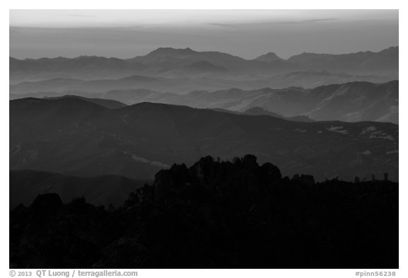 High Peaks and Gabilan Mountains ridges at sunset. Pinnacles National Park (black and white)