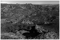 Moonlit view with High Peaks. Pinnacles National Park, California, USA. (black and white)