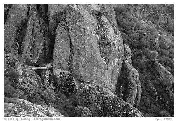 Footbridge dwarfed by rock pinnacles. Pinnacles National Park (black and white)