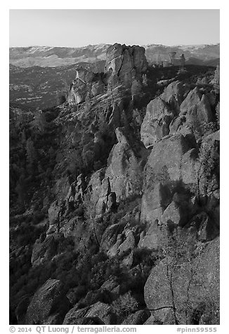 Last light on Pinnacles and Square Block Rock. Pinnacles National Park (black and white)
