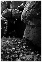 Stream and boulders, Bear Gulch Lower Cave. Pinnacles National Park ( black and white)