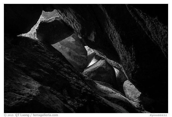 Looking up Bear Gulch Cave. Pinnacles National Park (black and white)