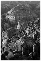 Rock spires, Machete Ridge, and Balconies in late afternoon. Pinnacles National Park ( black and white)