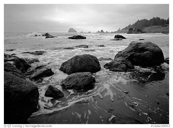 Sand, boulders and surf, Hidden Beach. Redwood National Park (black and white)