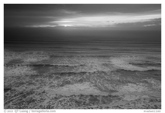 Elevated view of waves and sunset. Redwood National Park (black and white)