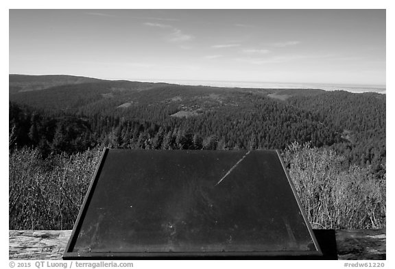 Holder for interpretive sign, Redwood Creek Overlook. Redwood National Park (black and white)