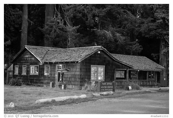 Visitor Center, Prairie Creek Redwoods State Park. Redwood National Park (black and white)