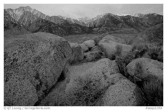 Volcanic boulders in Alabama hills and Sierras, sunrise. Sequoia National Park, California, USA.