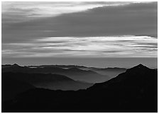 Ridges and sea of clouds at sunset. Sequoia National Park, California, USA. (black and white)