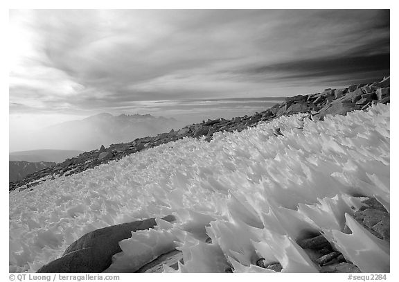 Windblown snow formations near the summit of Mt Whitney. Sequoia National Park (black and white)