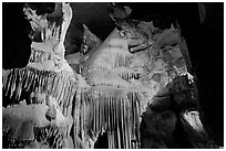 Ornate calcite stalactites, Crystal Cave. Sequoia National Park, California, USA. (black and white)