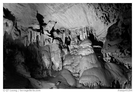Calcite flowstone and cave curtains, Dome Room, Crystal Cave. Sequoia National Park (black and white)