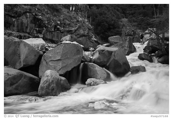 Marble fork of Kaweah River in spring. Sequoia National Park (black and white)