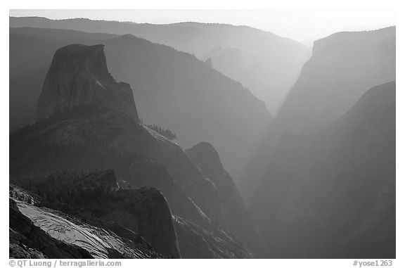 Half-Dome and Yosemite Valley seen from Clouds rest, late afternoon. Yosemite National Park (black and white)