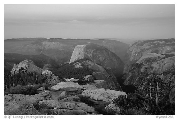 View of Yosemite Valley from Clouds Rest at dawn. Yosemite National Park (black and white)