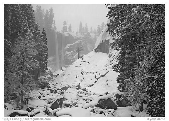 Thin flow of Vernal Fall in winter. Yosemite National Park (black and white)