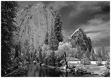 Cathedral rocks and Merced River with fresh snow. Yosemite National Park, California, USA. (black and white)