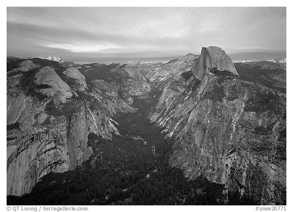 Half-Dome, Tenaya Canyon, and North Dome, sunset. Yosemite National Park (black and white)