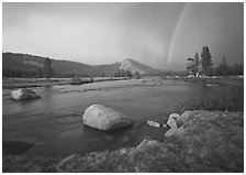 Tuolumne River, Lambert Dome, and rainbow, evening storm. Yosemite National Park, California, USA. (black and white)