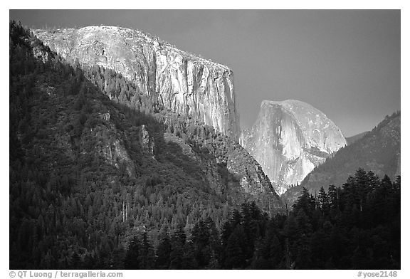El Capitan and Half Dome viewed from Big Oak Flat Road, afternoon storm light. Yosemite National Park (black and white)