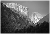 El Capitan and Half Dome viewed from Big Oak Flat Road, afternoon storm light. Yosemite National Park, California, USA. (black and white)