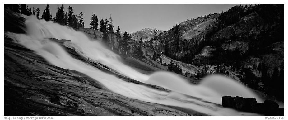Tuolumne River, waterwheels, and granite slab at dusk. Yosemite National Park (black and white)