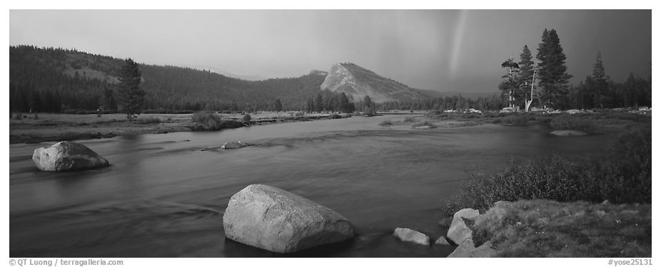 Tuolumne River, Lambert Dome, and rainbow, evening storm. Yosemite National Park (black and white)