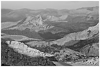 Cathedral Peak in the distance at sunset. Yosemite National Park, California, USA. (black and white)