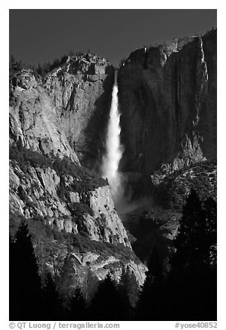 Upper Yosemite Falls in spring, early morning. Yosemite National Park (black and white)