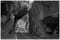 Arch Rock and road, Lower Merced Canyon. Yosemite National Park, California, USA. (black and white)