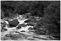 Merced River and boulders in spring, Lower Merced Canyon. Yosemite National Park, California, USA. (black and white)