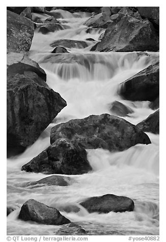 Boulders and rapids, Lower Merced Canyon. Yosemite National Park (black and white)
