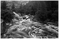 Lower Merced Canyon with wide Merced River. Yosemite National Park, California, USA. (black and white)