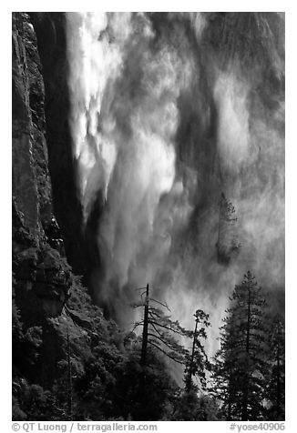 Bridalveil fall with water sprayed by wind gusts. Yosemite National Park (black and white)