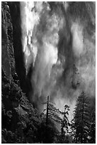 Bridalveil fall with water sprayed by wind gusts. Yosemite National Park, California, USA. (black and white)