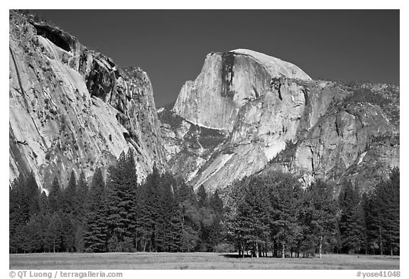 Half Dome and Washington Column from Ahwanhee Meadow in Spring. Yosemite National Park (black and white)