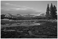 Tuolumne Meadows with domes reflected in early spring, dusk. Yosemite National Park, California, USA. (black and white)