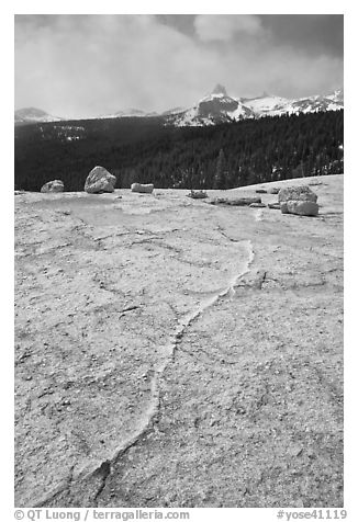 Granite slab and Cathedral Peak. Yosemite National Park (black and white)