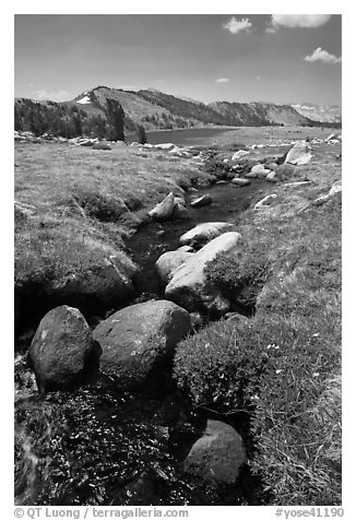 Boulders, stream, and lower Gaylor Lake. Yosemite National Park (black and white)