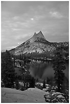 Cathedral Peak and upper Lake at sunset. Yosemite National Park, California, USA. (black and white)