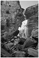 Boulders, Wapama Falls, and rock wall, Hetch Hetchy. Yosemite National Park, California, USA. (black and white)