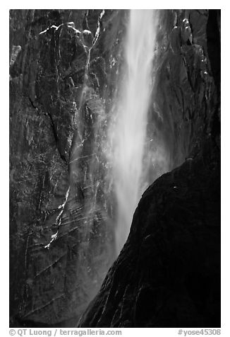 Lower Yosemite Falls with low flow and rainbow. Yosemite National Park (black and white)