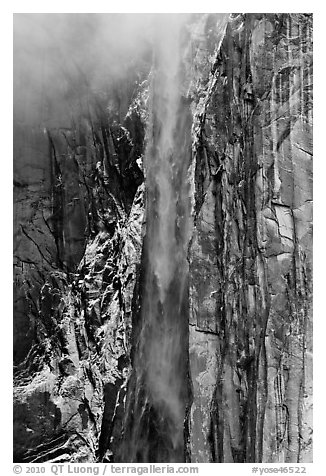 Ribbon Falls and snowy cliff. Yosemite National Park (black and white)