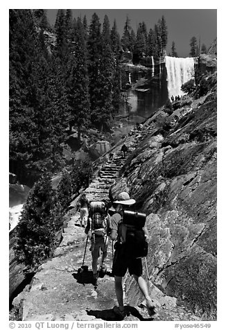 Backpackers on Mist Trail. Yosemite National Park (black and white)