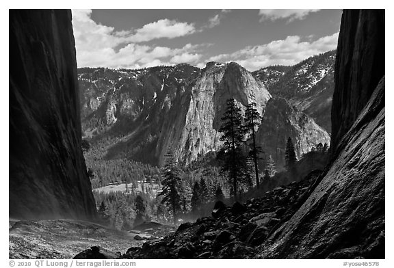 Cathedral Rocks and El Capitan Meadows from base of Ribbon Falls. Yosemite National Park (black and white)