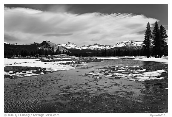 Flooded Twolumne Meadows in spring. Yosemite National Park (black and white)