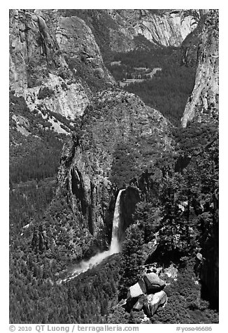 Bridalveil Fall and Yosemite Valley from South Rim. Yosemite National Park (black and white)